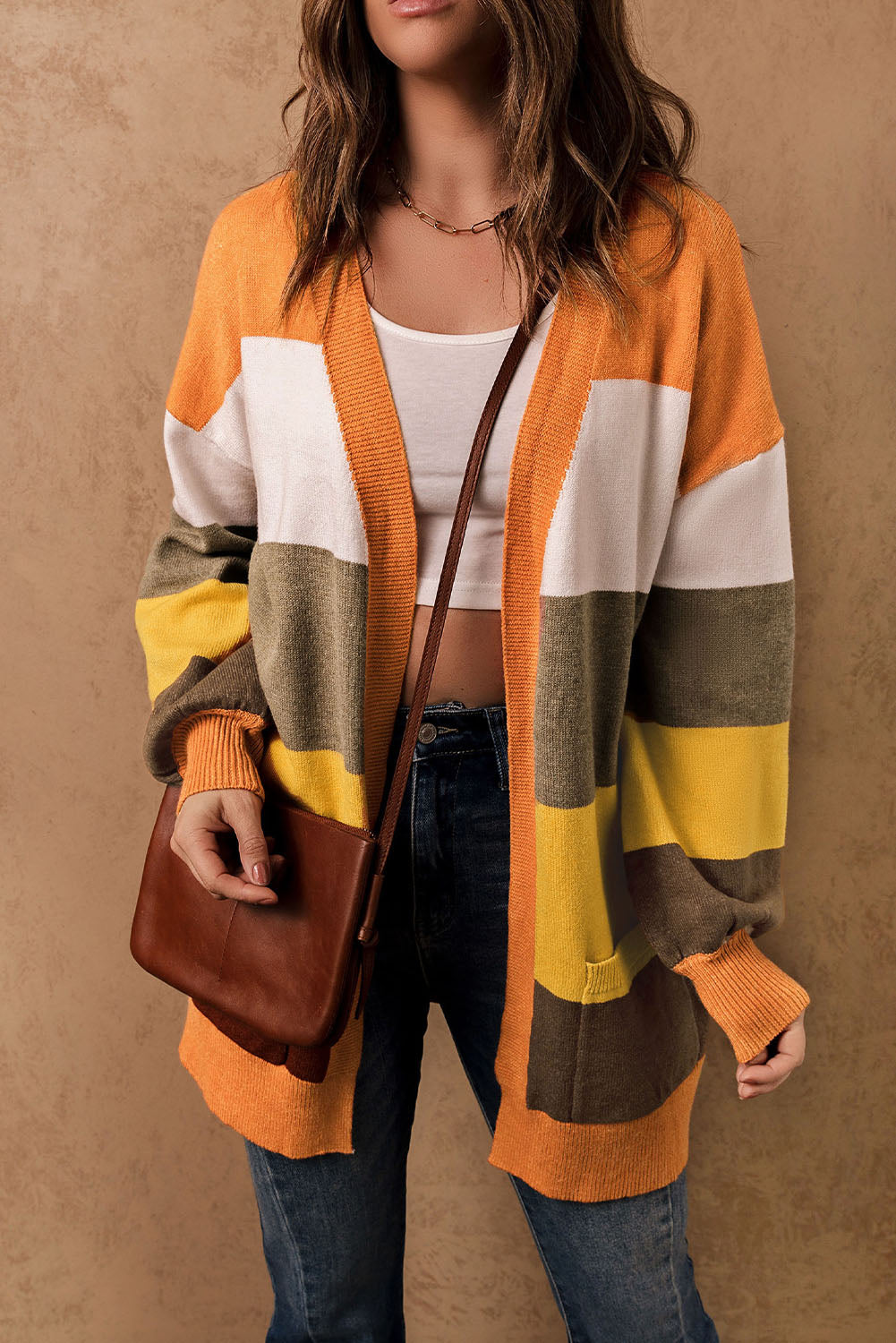 Open Front Pocketed Colorblock Cardigan