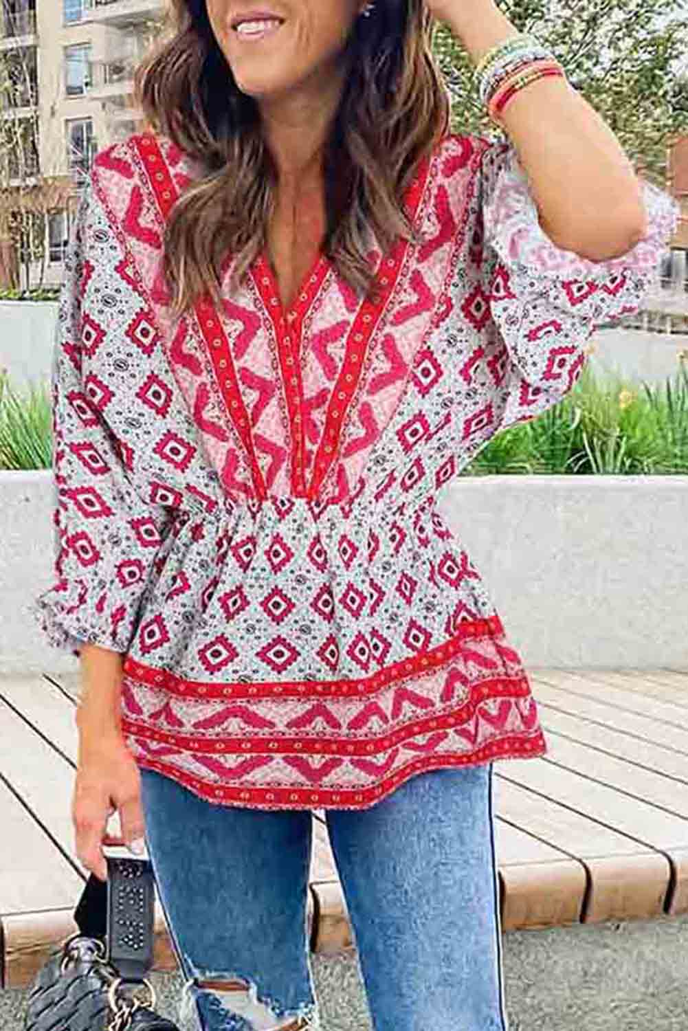 Fiery Red Geometric Print 3/4 Sleeve V-Neck Shirred Waist Flared Blouse