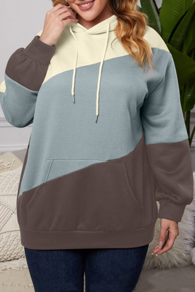 Green Sky Blue Colorblock Kangaroo Pocket Plus Size Hoodie