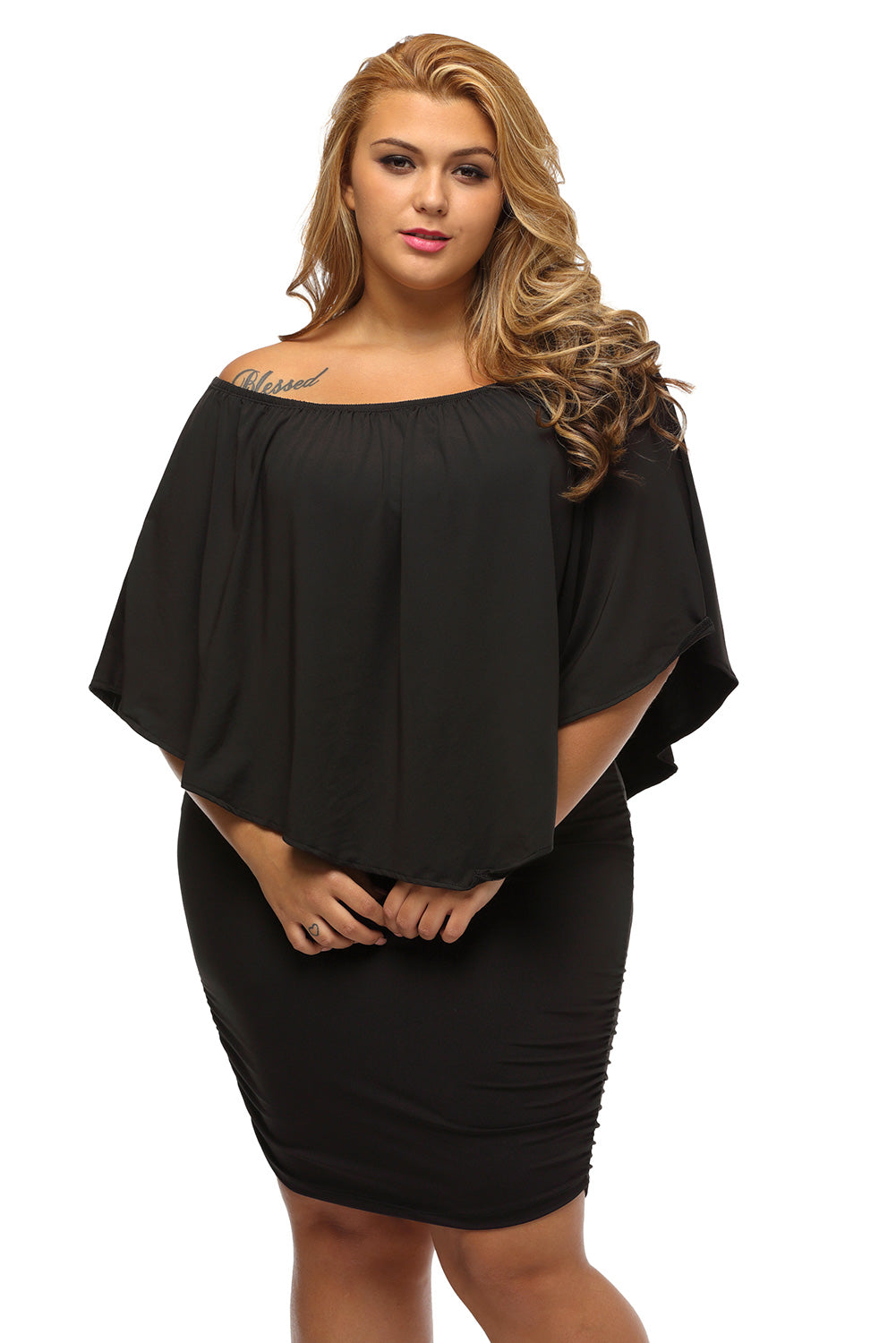 Plus size  Dressing Layered Black Mini Poncho Dress