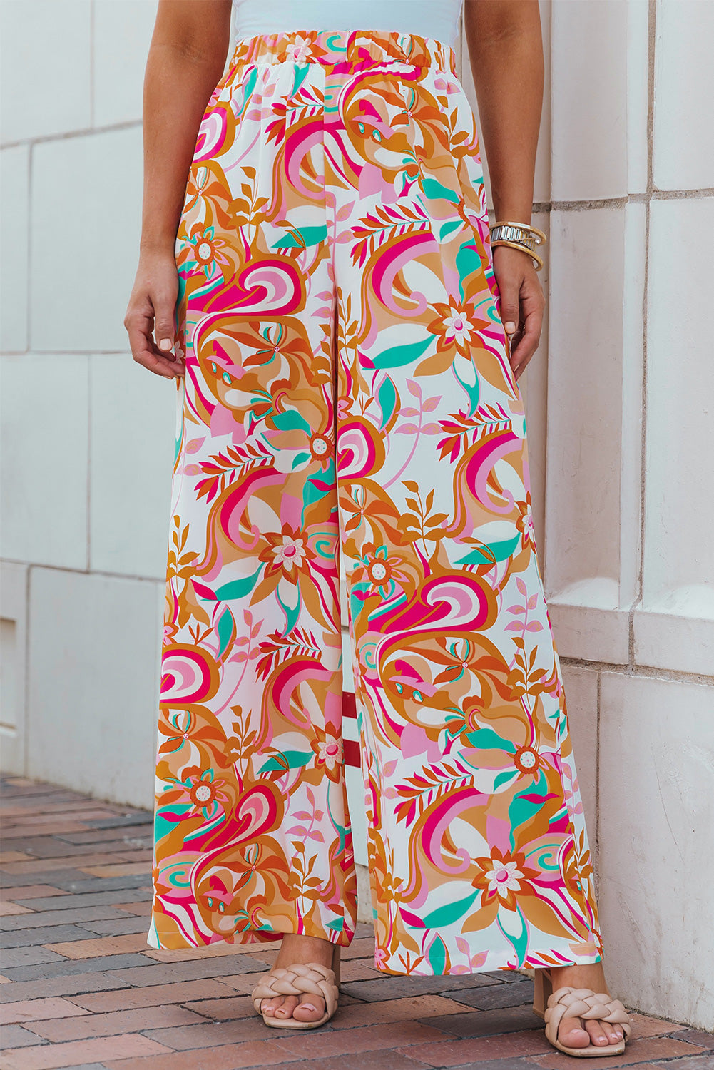 Orange Floral Print Wide Leg Pants