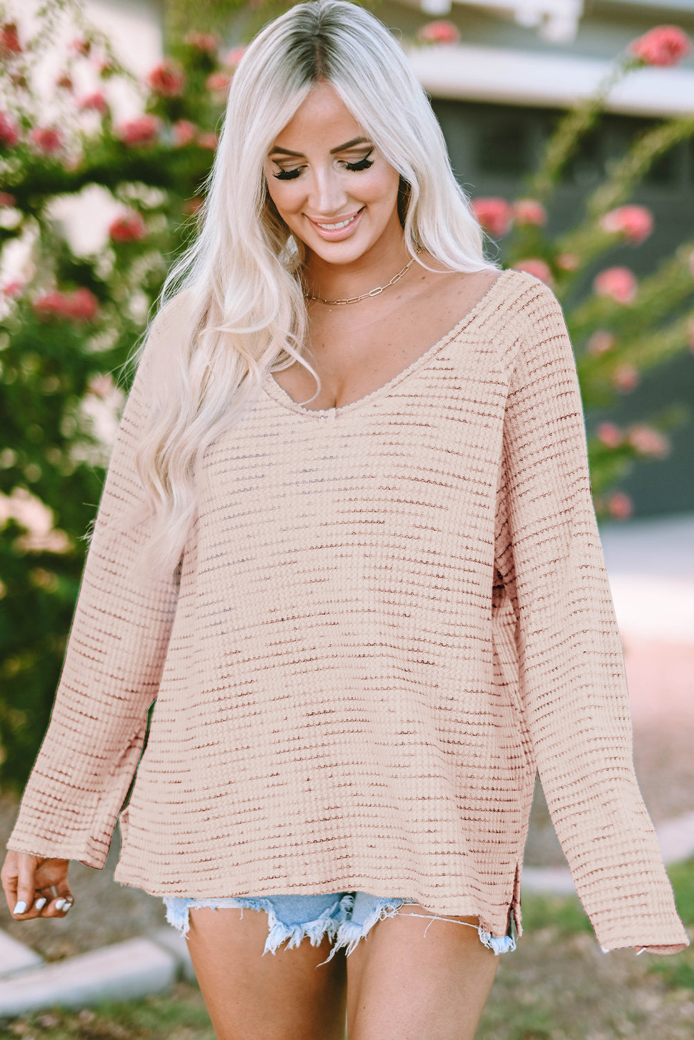 Pink Waffled Knit Long Sleeve V-Neck Frayed Top