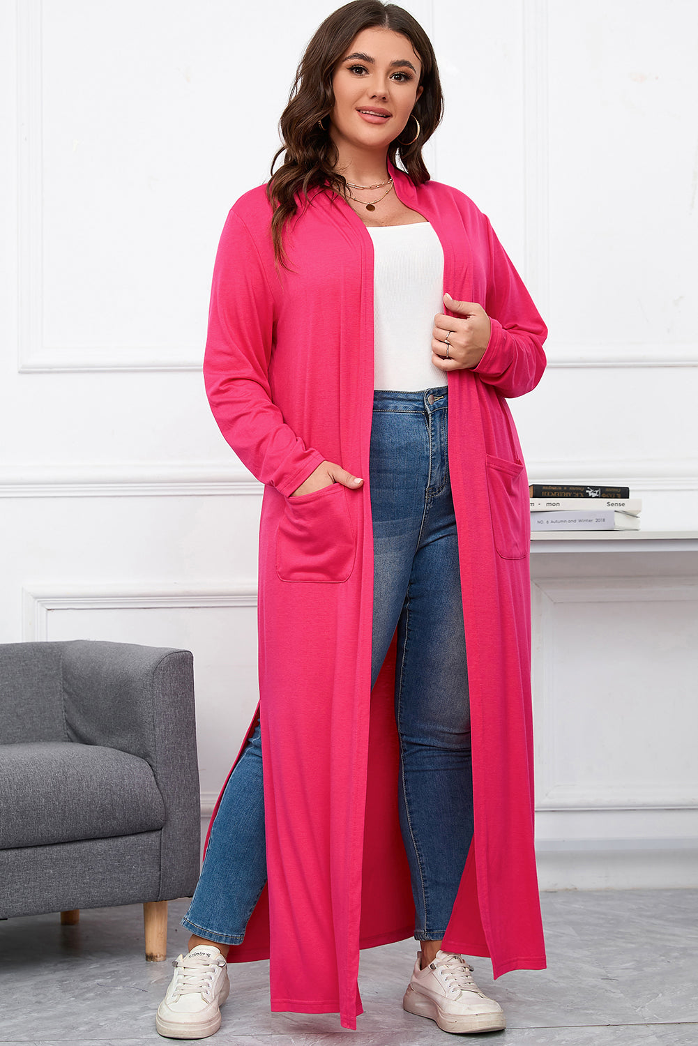 Strawberry Pink Plus Size Side Split Pockets Duster Cardigan