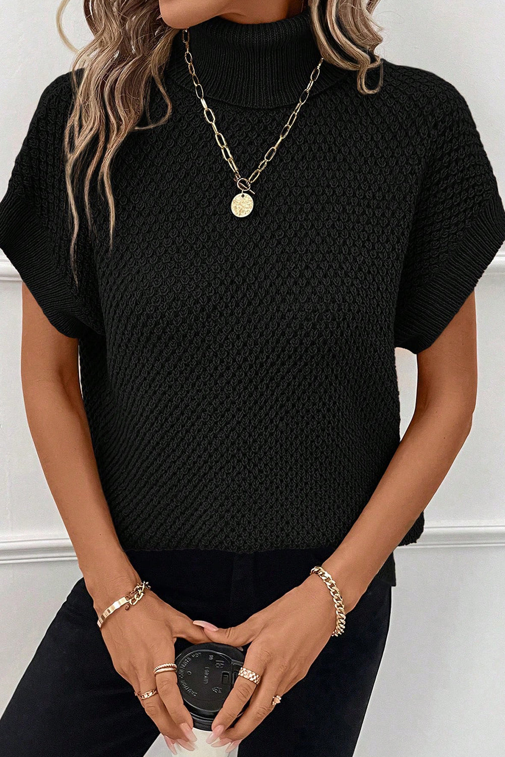 Black Turtleneck Textured Short Sleeve Sweater