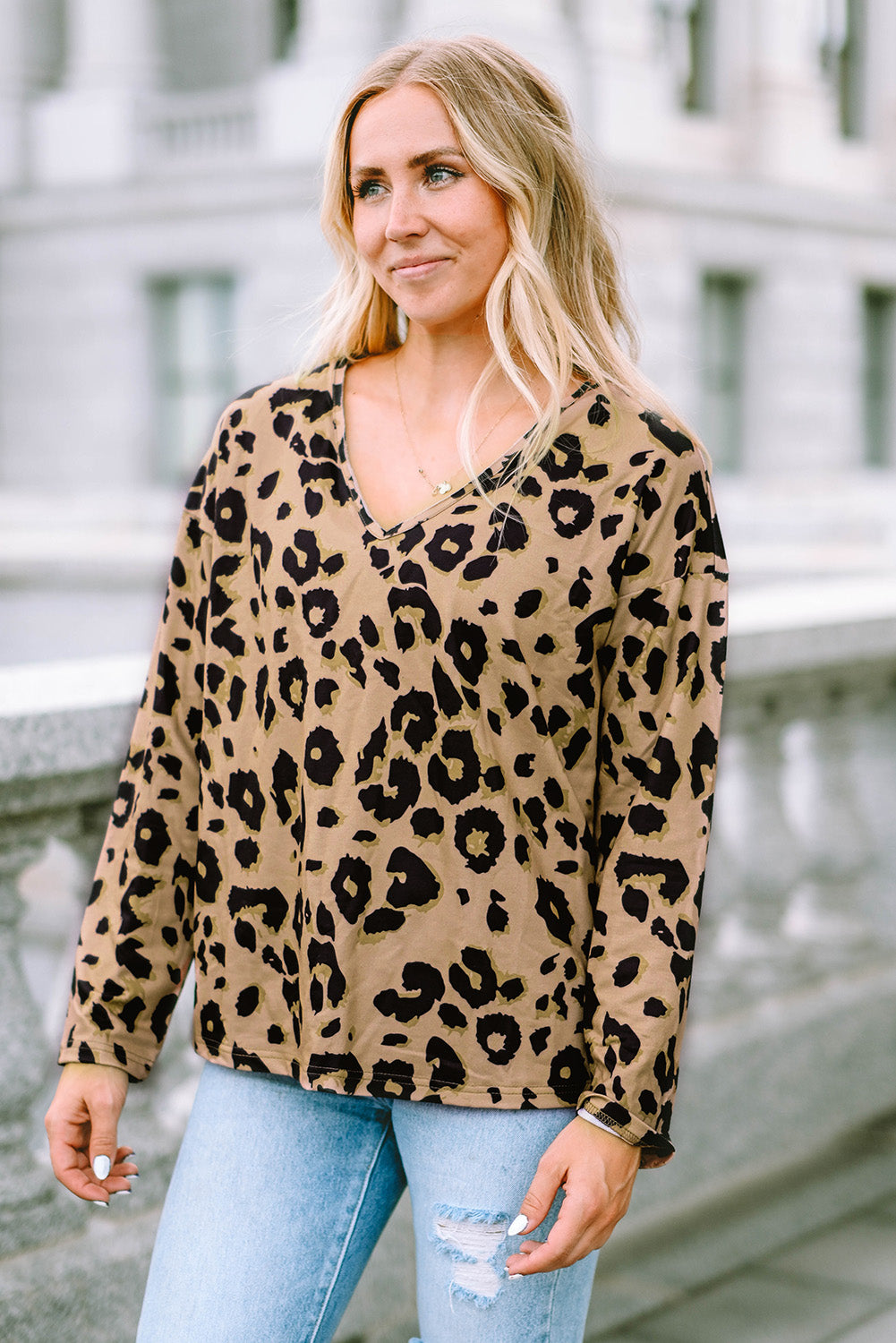 Brown Leopard Split Joint V Neck Long Sleeve Tops