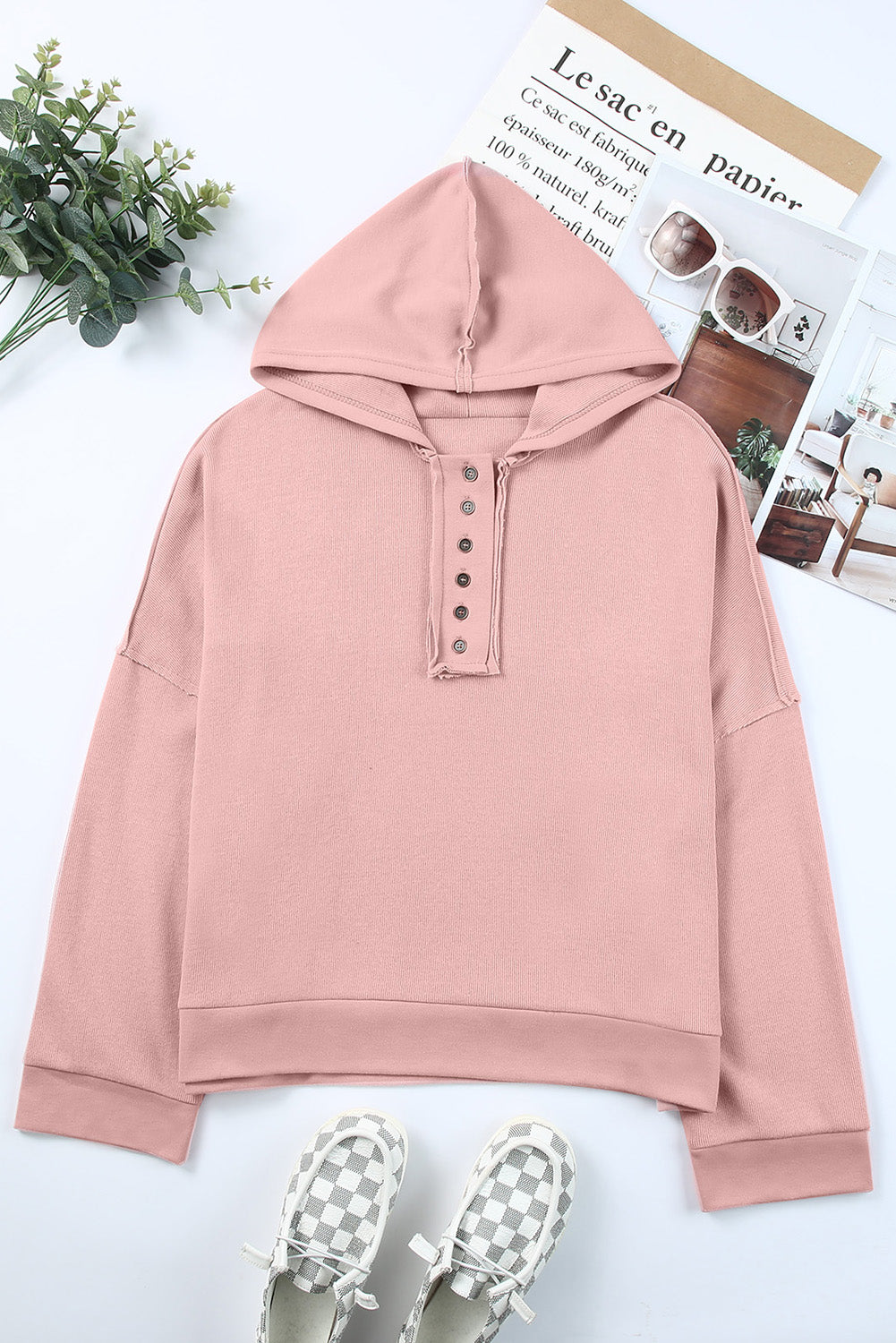 Pink Casual Button Solid Patchwork Trim Hoodie