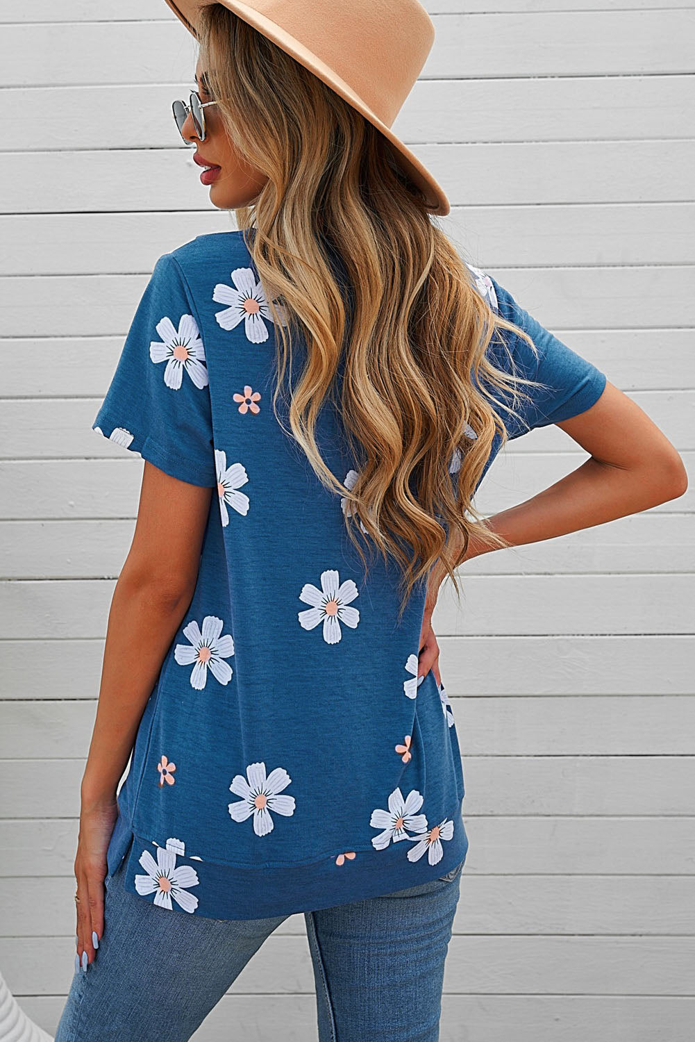 Blue Floral Pattern T-shirt