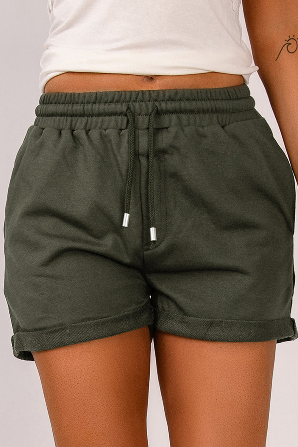 Green Tie Waist Side Pockets Cuffed Lounge Shorts