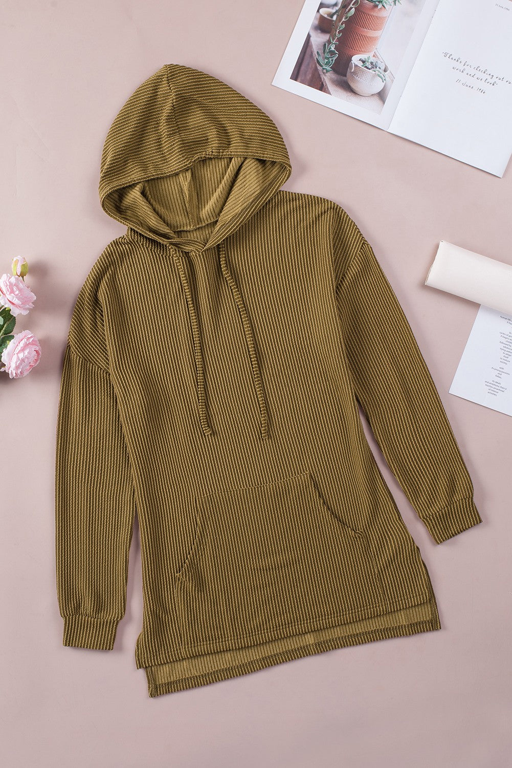 Green Ribbed Drawstring Pullover Hoodie with Kangaroo Pocket