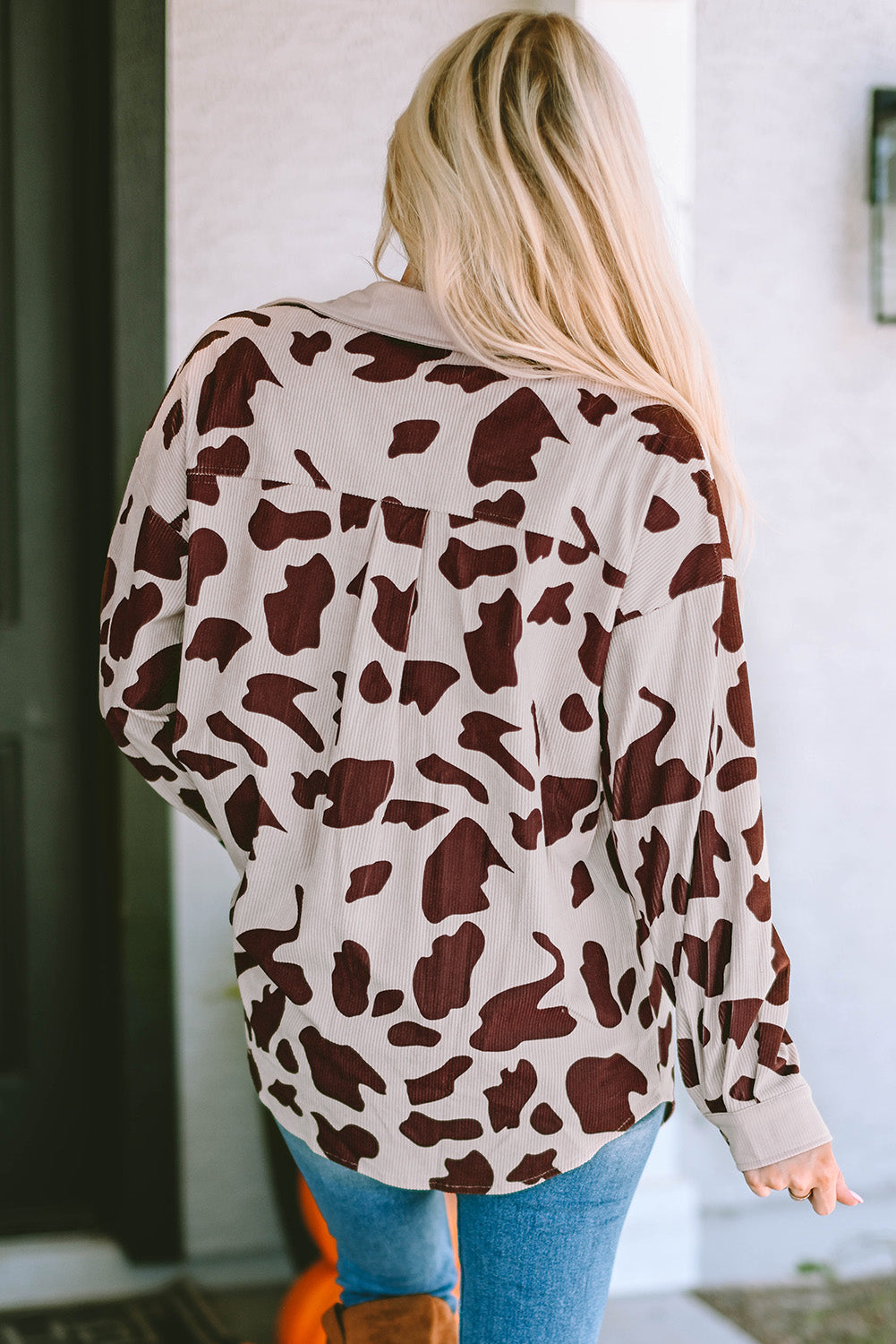 Khaki Cow Spots Printed Corduroy Shacket