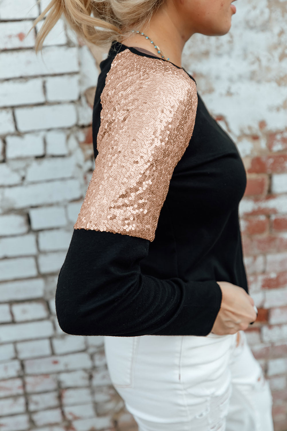 Black Sequin Shoulder Long Sleeve Top