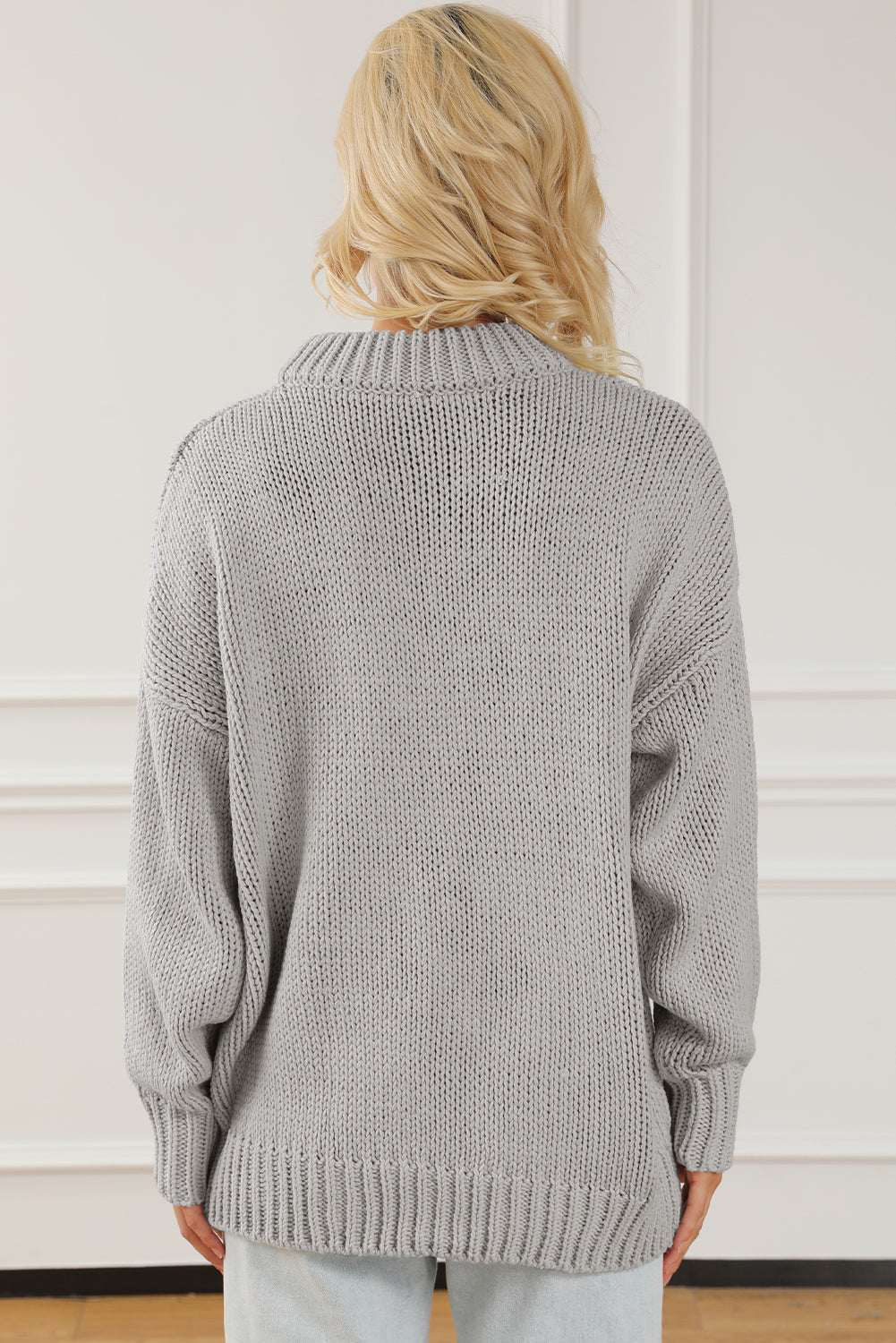 Light Grey Chunky Knit Turtle Neck Drop Shoulder Sweater