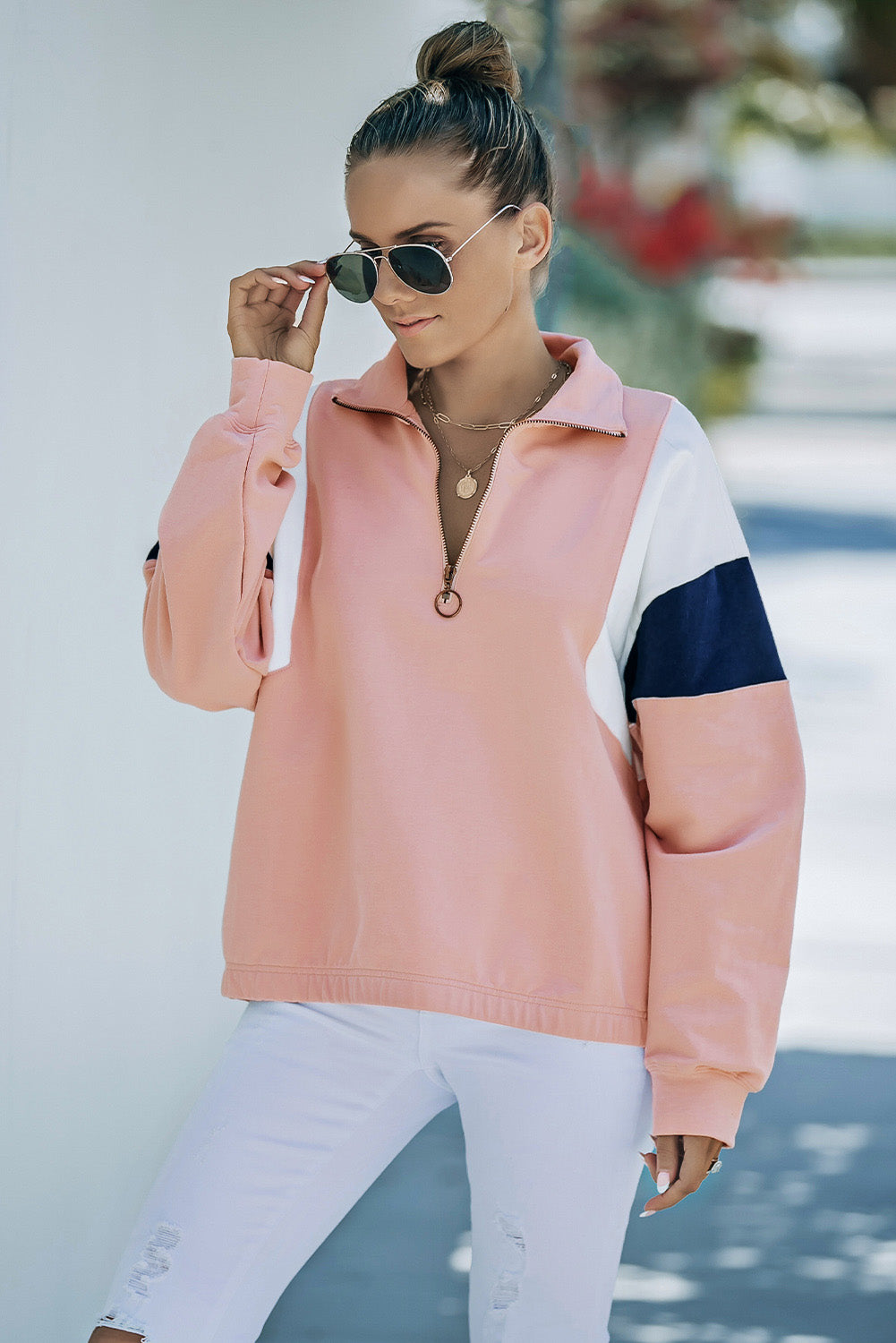 Pink Color Block Patch Bicep Quarter Zip Sweatshirt