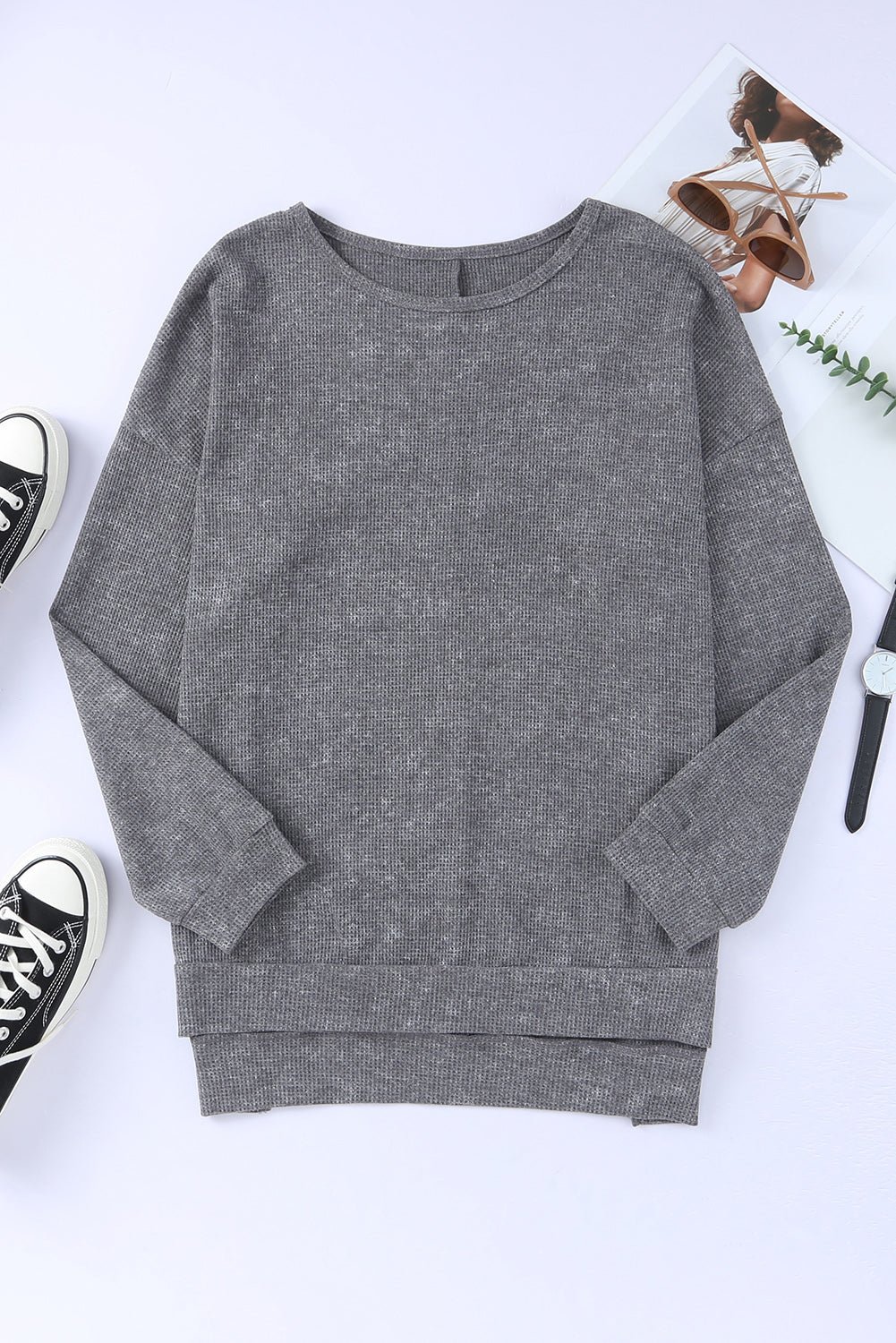 Gray Waffle Knit Side Slit Pullover Top