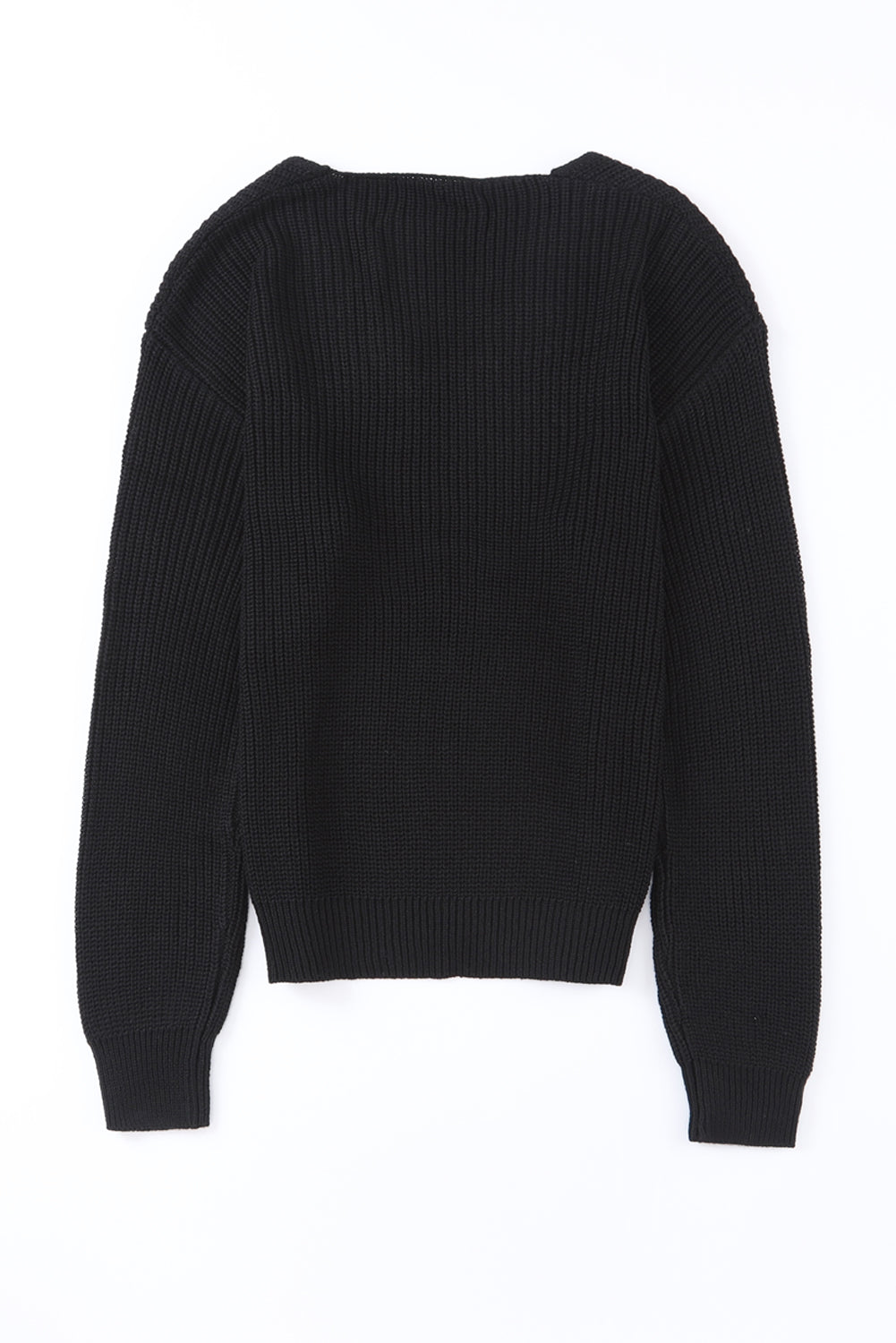 Black Ribbed Knit V Neck Sweater