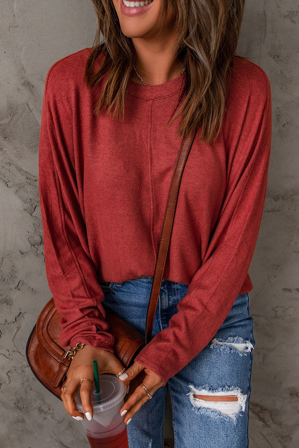 Fiery Red Solid Color Patchwork Long Sleeve Top