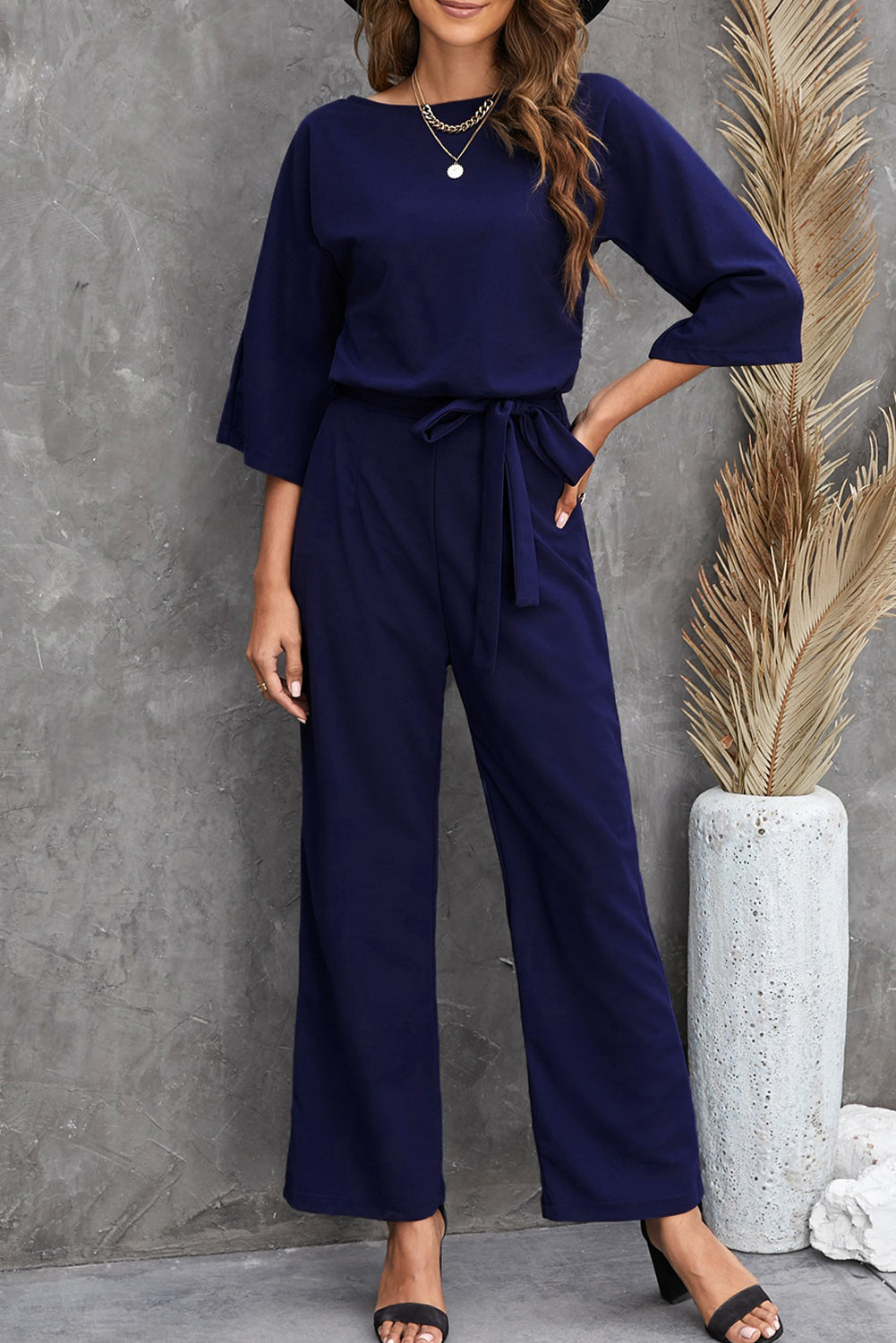 Blue Bracelet Sleeve Waist Tie Wide Leg Jumpsuit