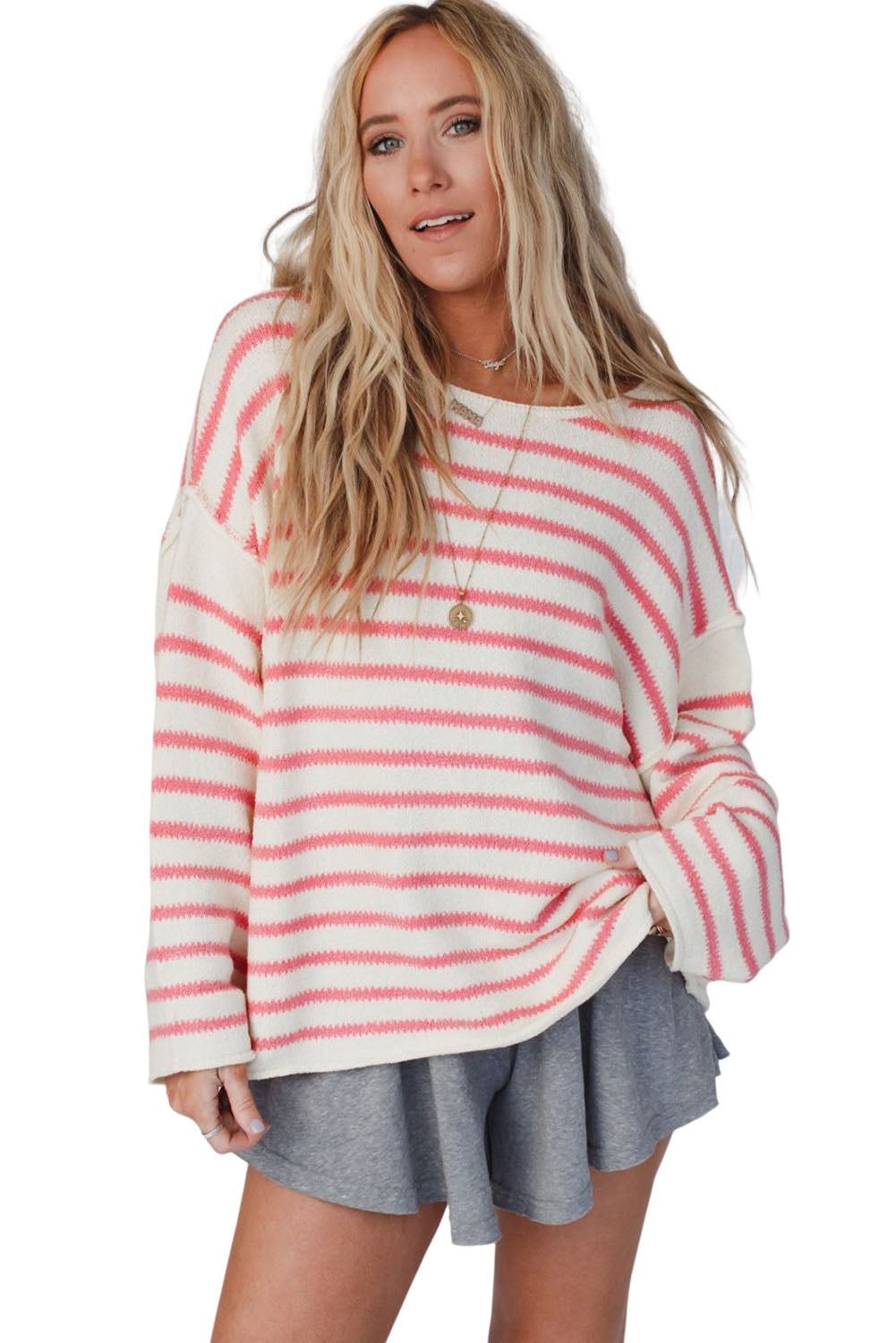 Pink Striped Drop Shoulder Oversized Sweater