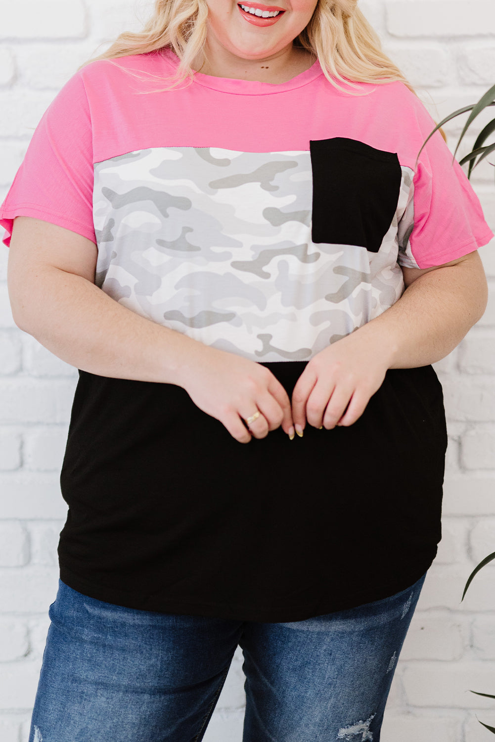 Rose Camouflage Insert Colorblock Splicing Plus Size Top