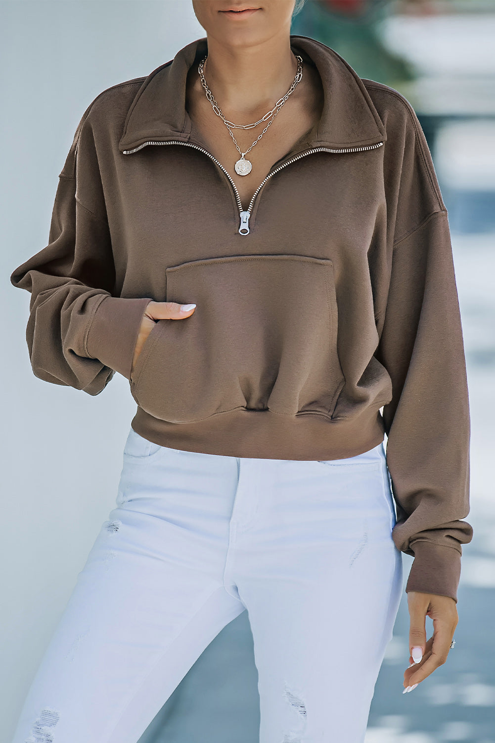 Brown Zipped Turn Down Collar Cropped Sweatshirt with Pocket