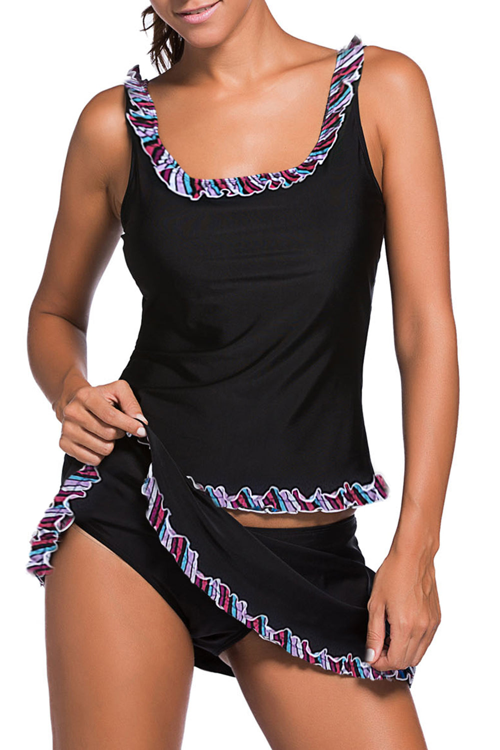 Ruffle Trim Black Active Tank Top and Skort Swimsuit