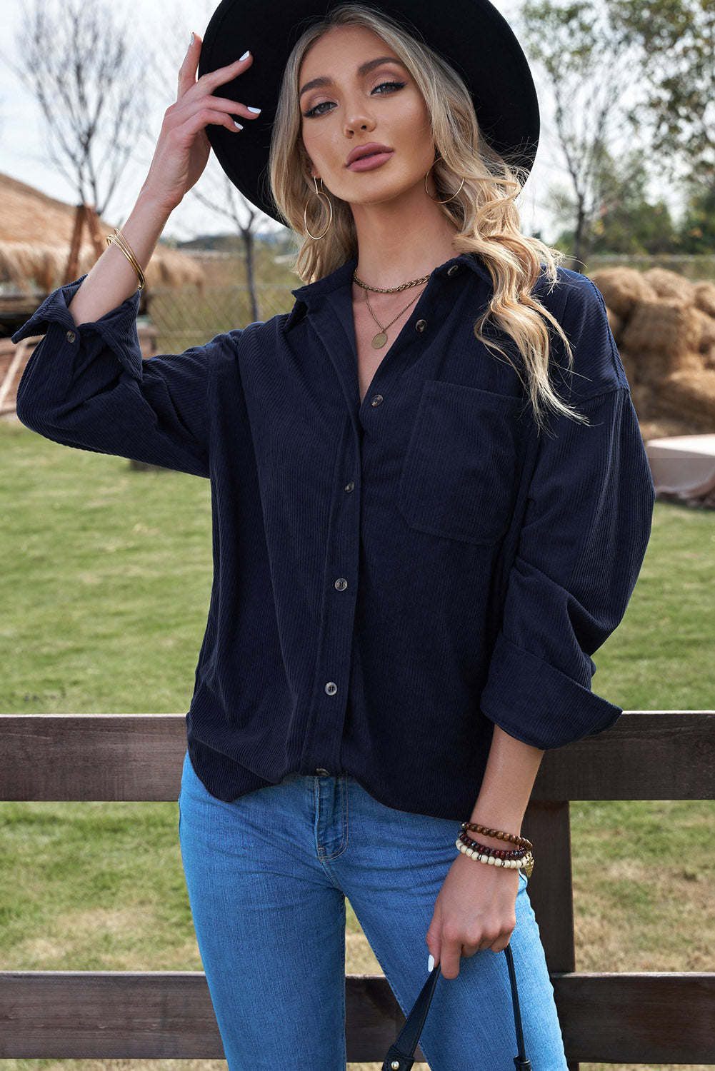 Dark Blue Corduroy Button Pocket Shirt