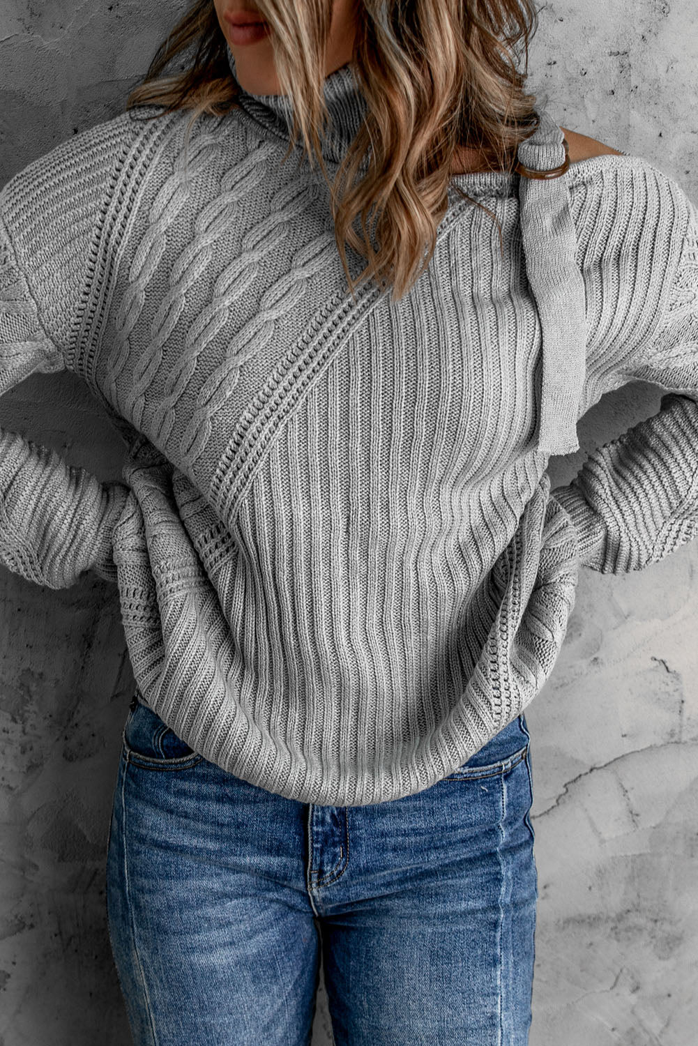 Gray Strapped Cut out Shoulder Turtleneck Sweater