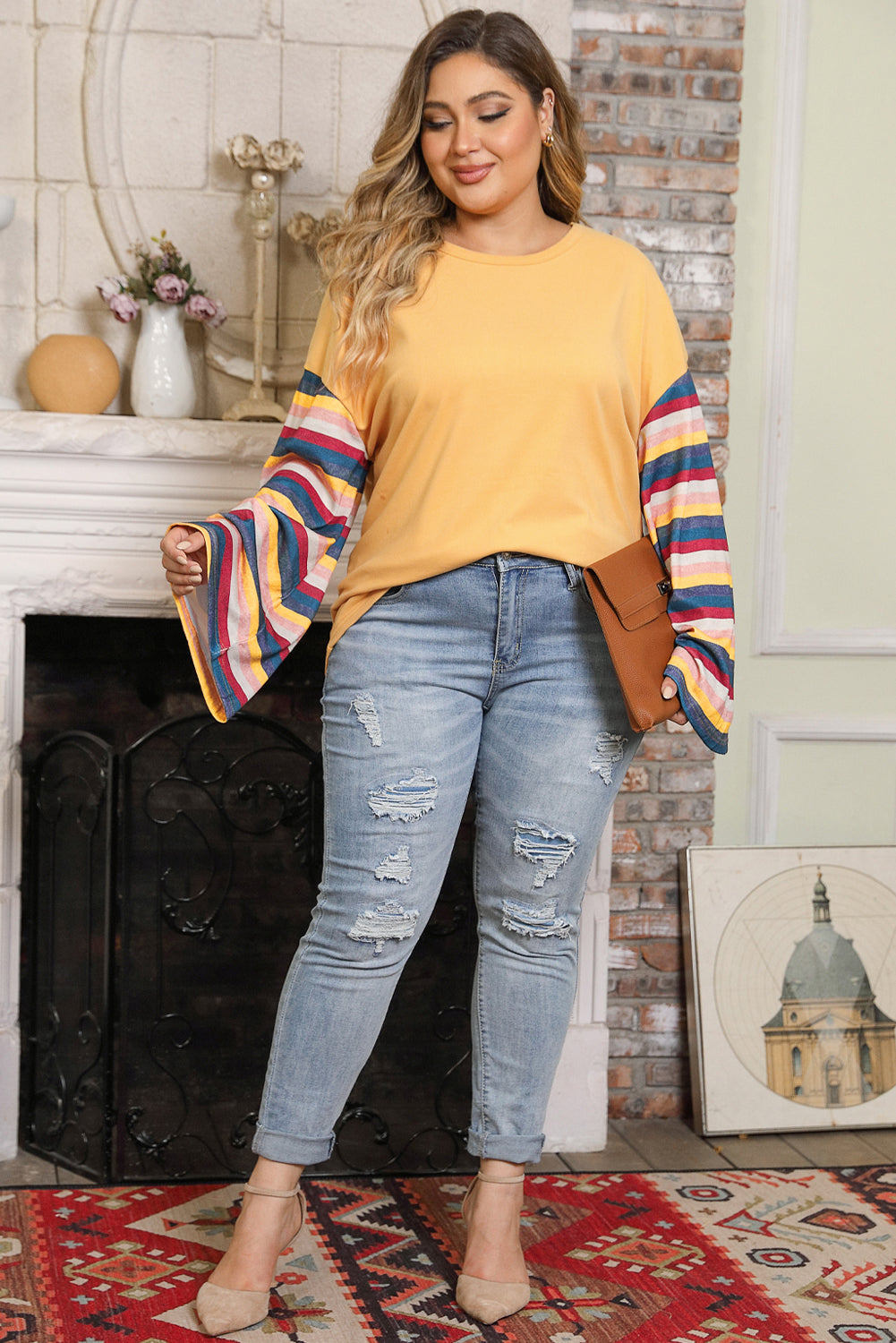 Yellow Serape Striped Bell Sleeve Plus Size Top