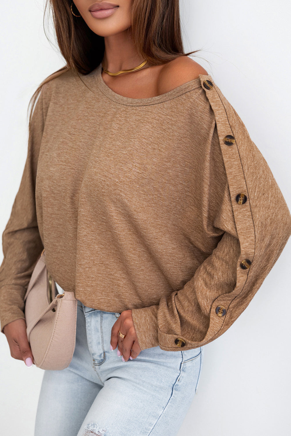 Khaki Solid Color Button Decor Dolman Sleeve Top