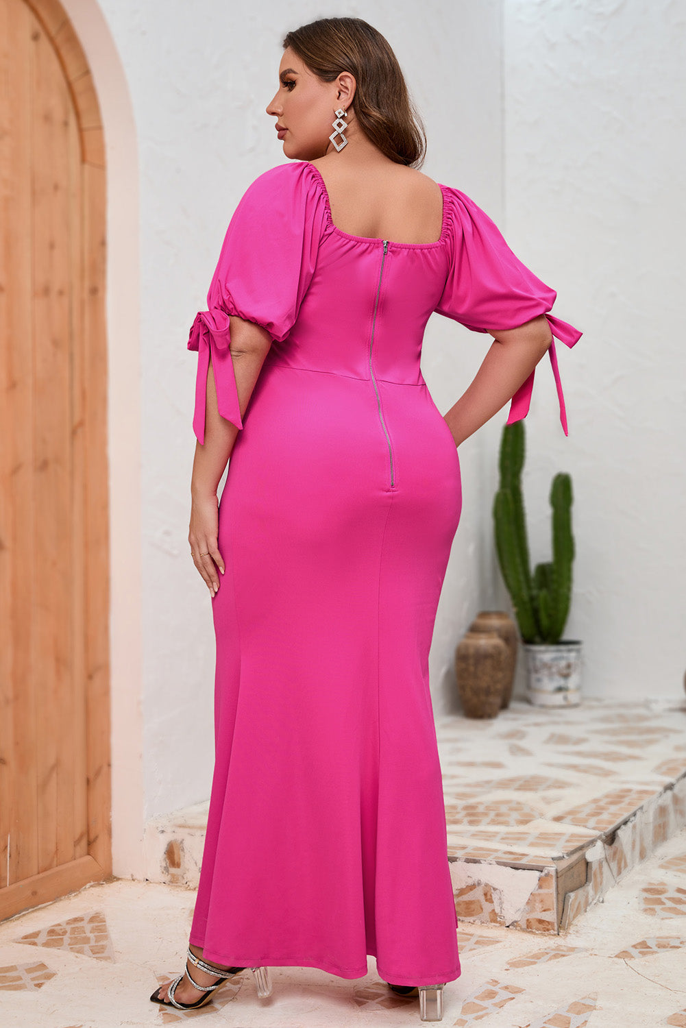 Rose Bow Tie Puff Sleeve Plus Size High Slit Maxi Dress