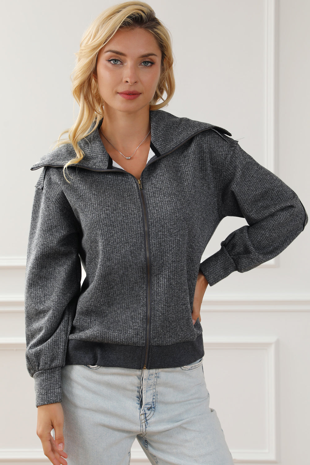 Gray Zip Front Cape Knit Jacket