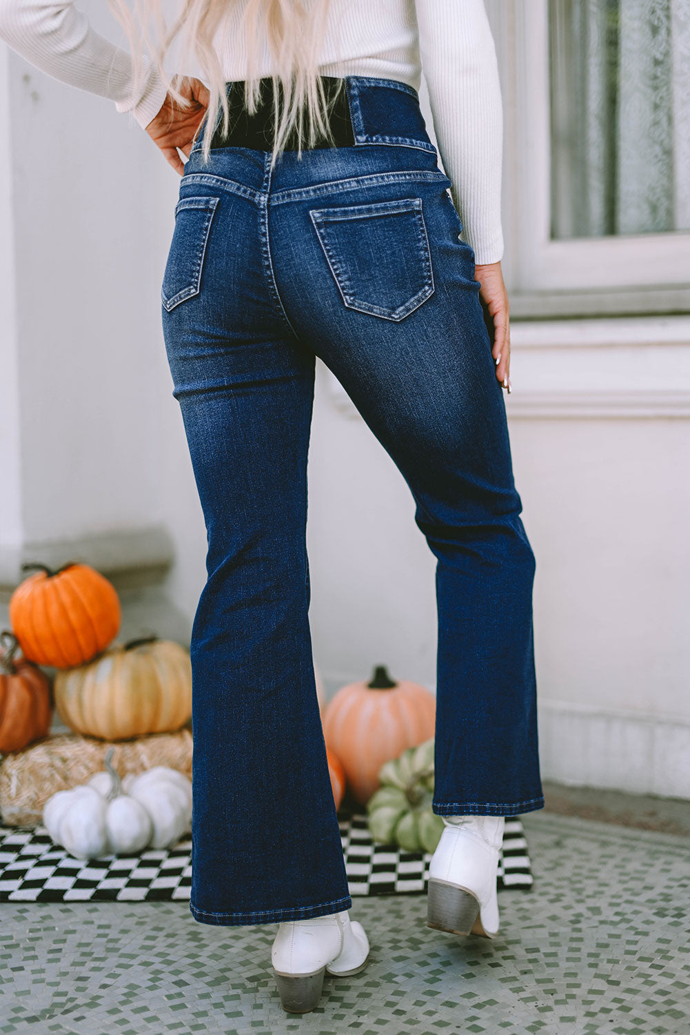 Blue Buttons Elastic Wide Waistband Back Flare Jeans