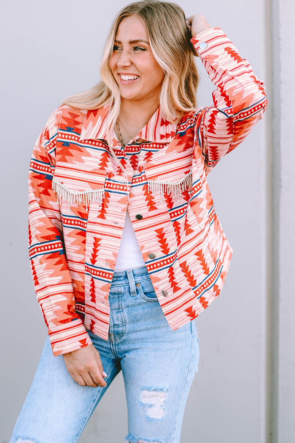 Fiery Red Western Aztec Print Corduroy Jacket