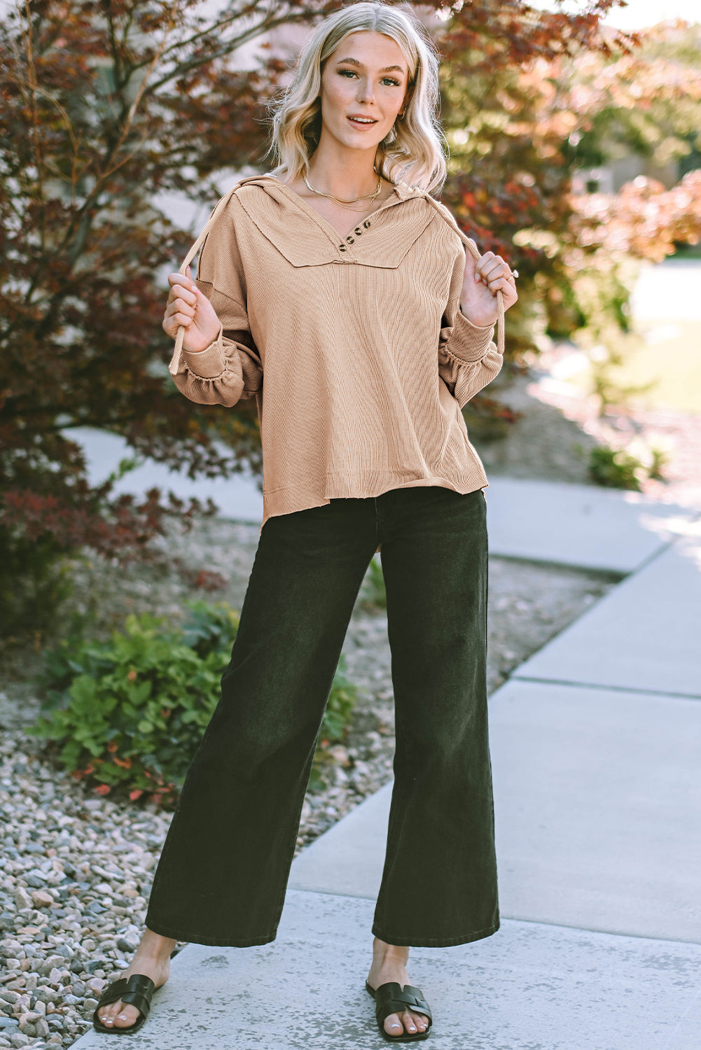 Khaki Buttoned V Neck Drawstring Knit Hoodie