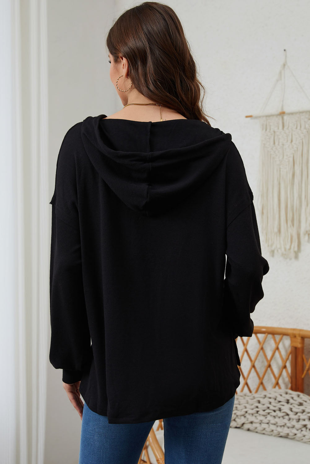 Black Buttoned High and Low Hem Hoodie