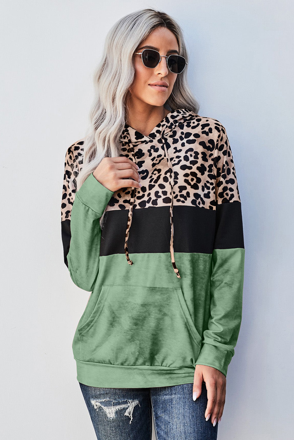 Green Leopard Tie Dye Colorblock Hoodie