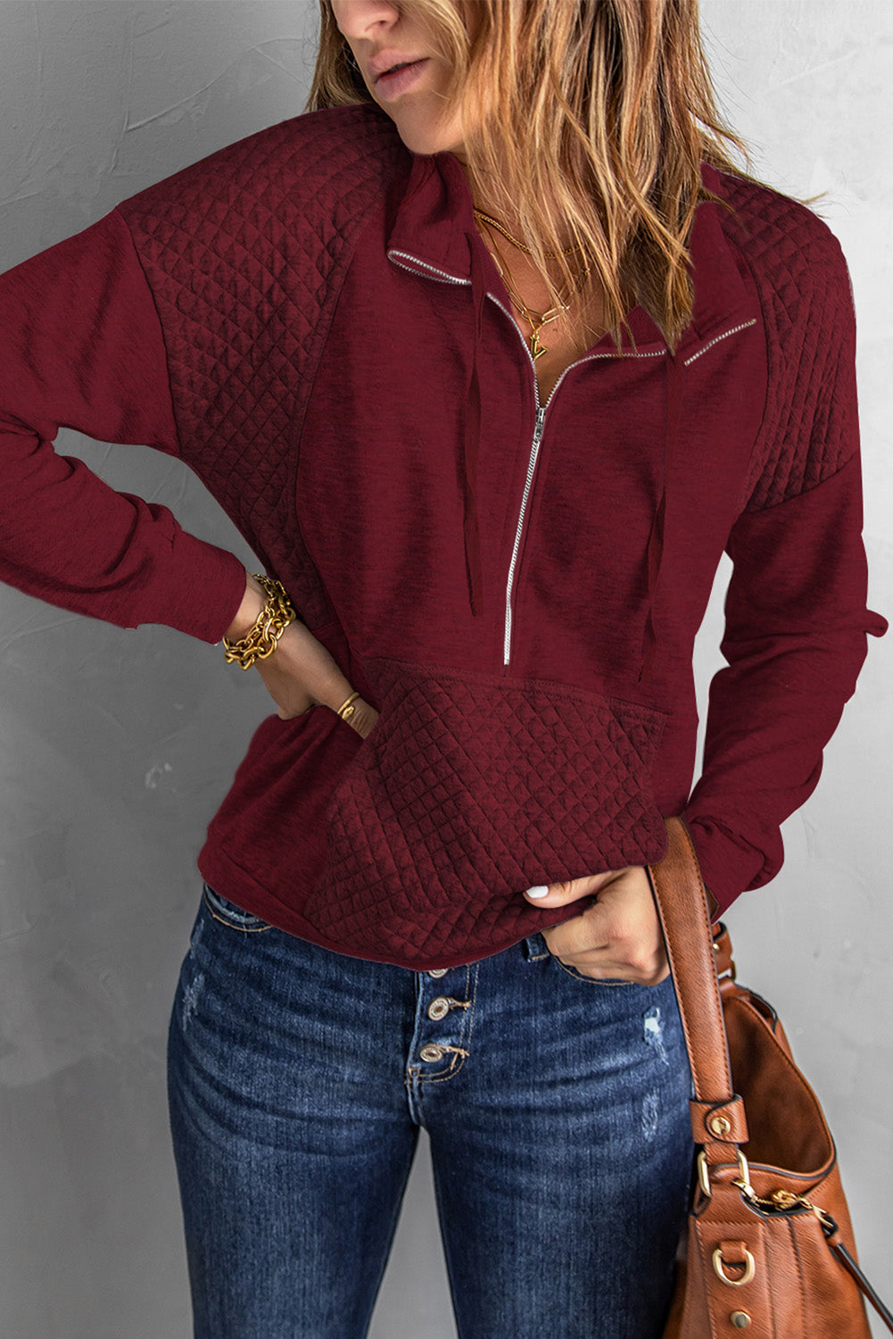 Wine Quilted Patch Half Zipper Sweatshirt