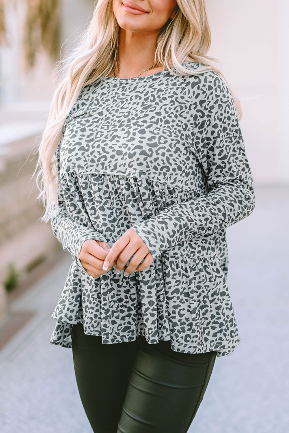 Leopard Print Long Sleeve Ruffled Babydoll Blouse