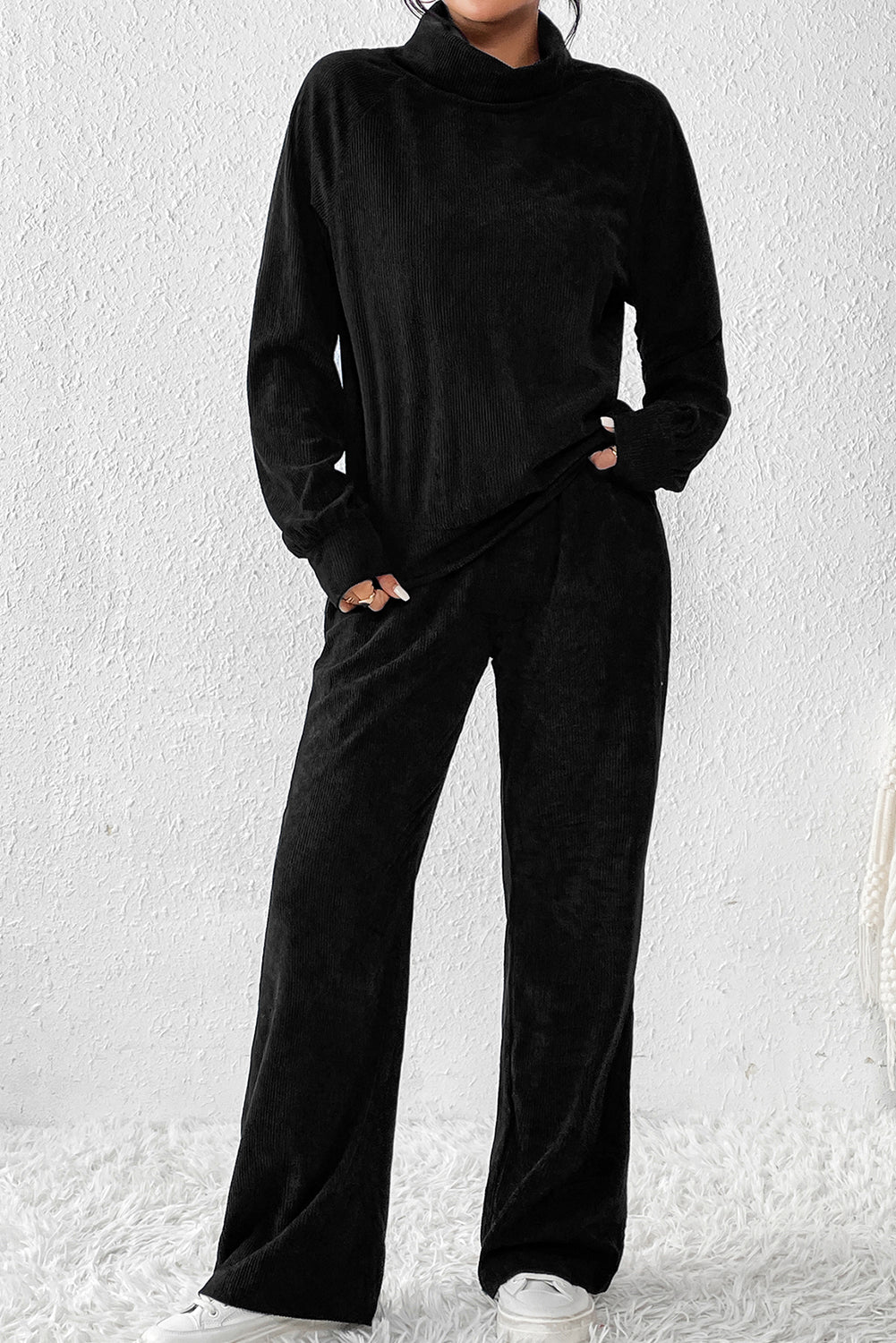 Black Solid Color Corduroy High Neck Top and Pants Two Piece Set