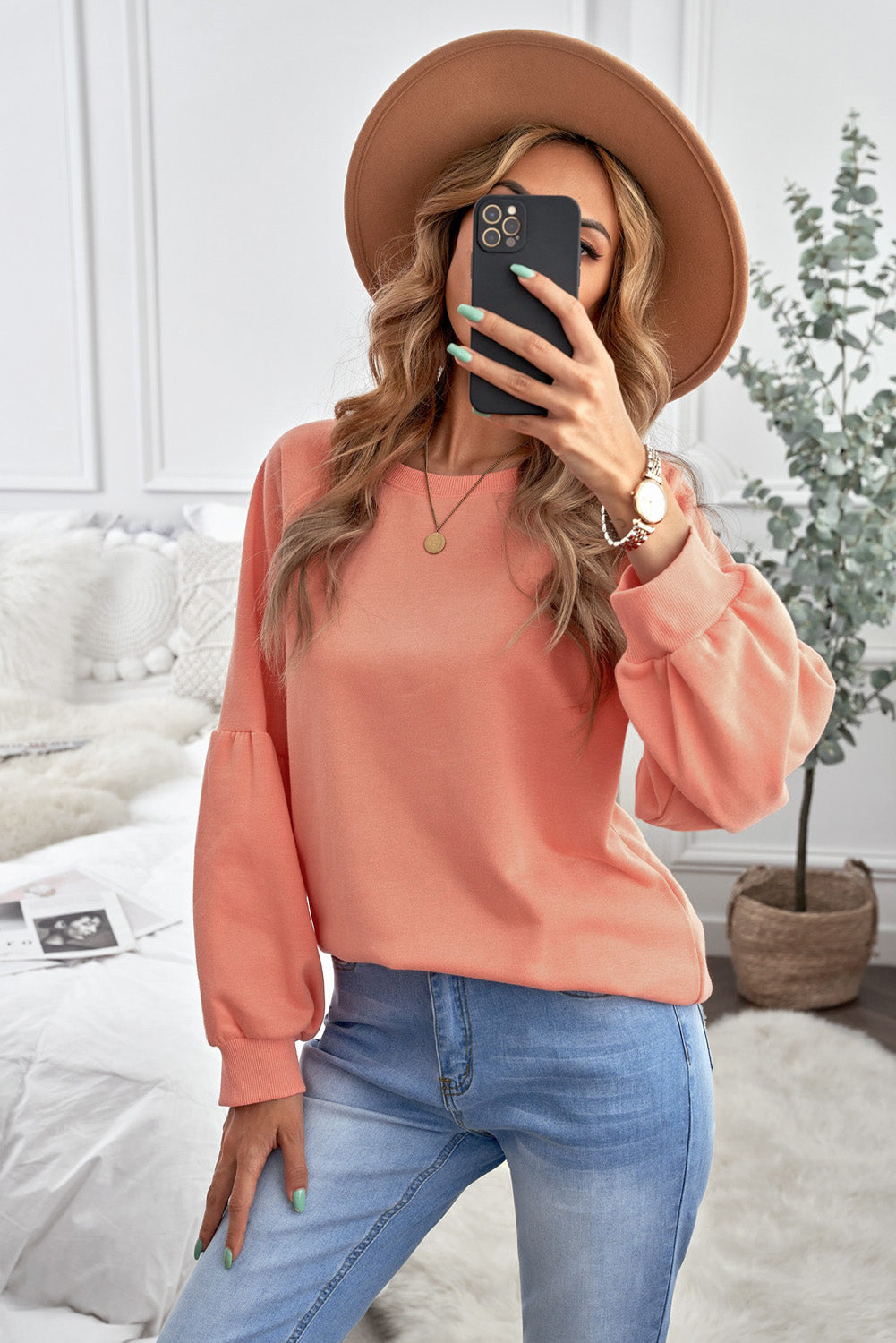 Orange Raglan Patchwork Sleeve Pullover Sweatshirt