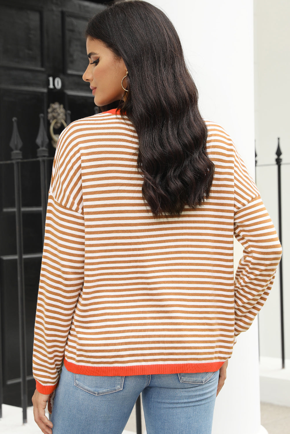 Brown Contrast Trimmed Striped Drop Shoulder Sweater