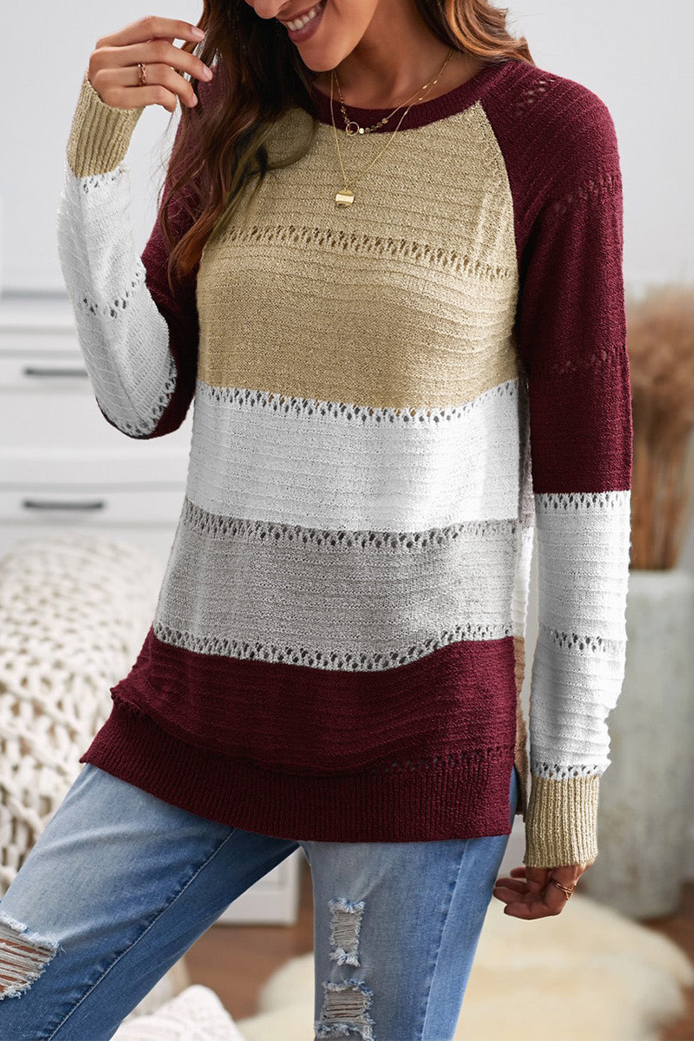 Wine Accent Knitted Color Block Long Sleeve Crew Neck Sweater