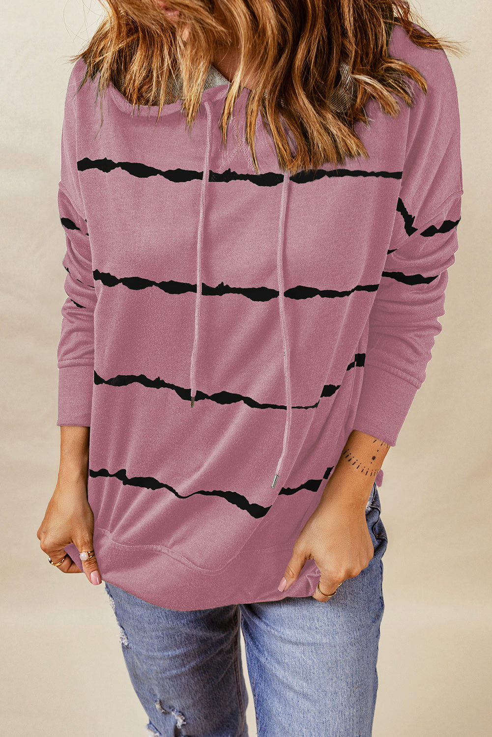 Pink Tie-dye Striped Drawstring Hoodie with Side Split Tops