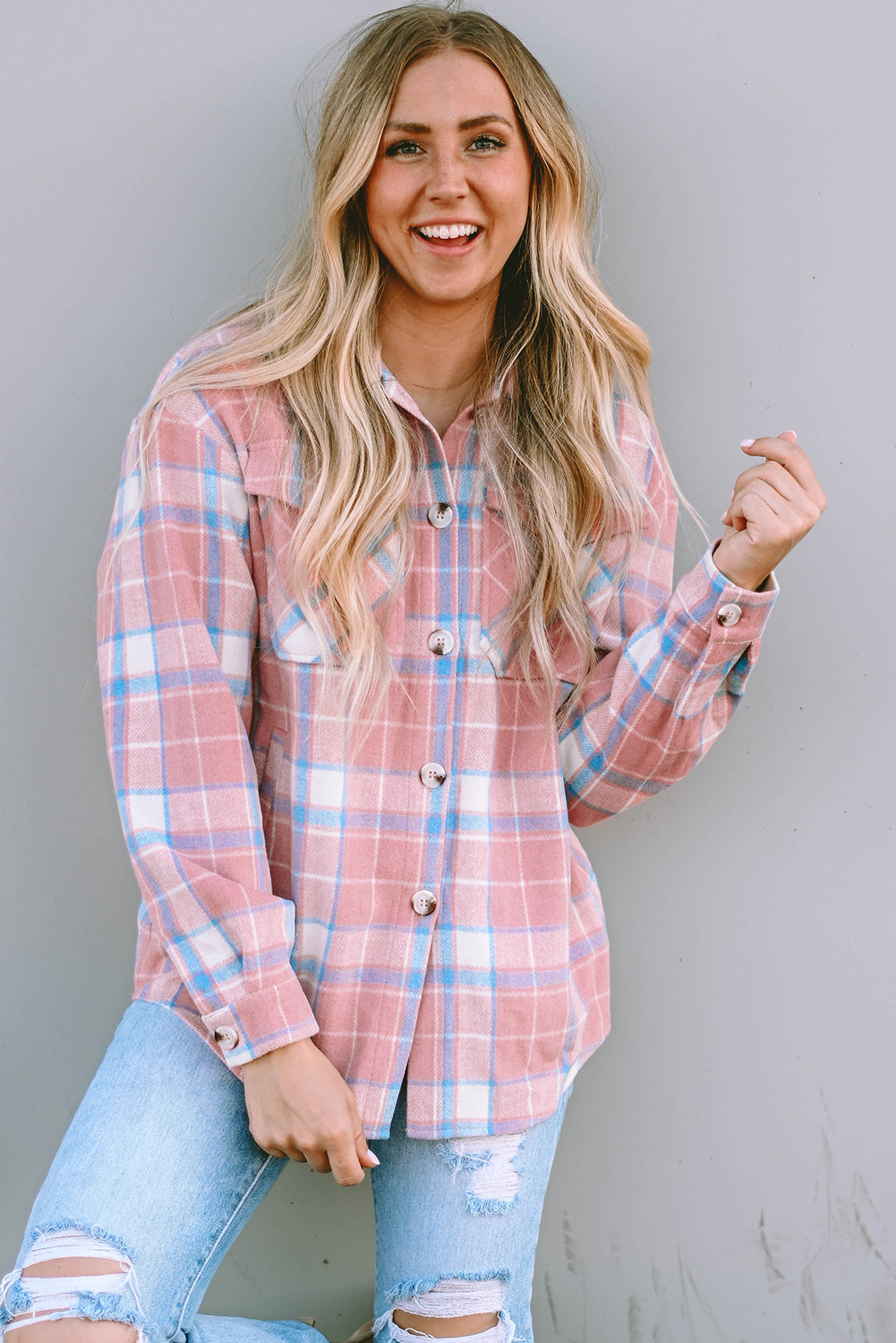 Pink Plaid Flap Pocket Flannel Shacket