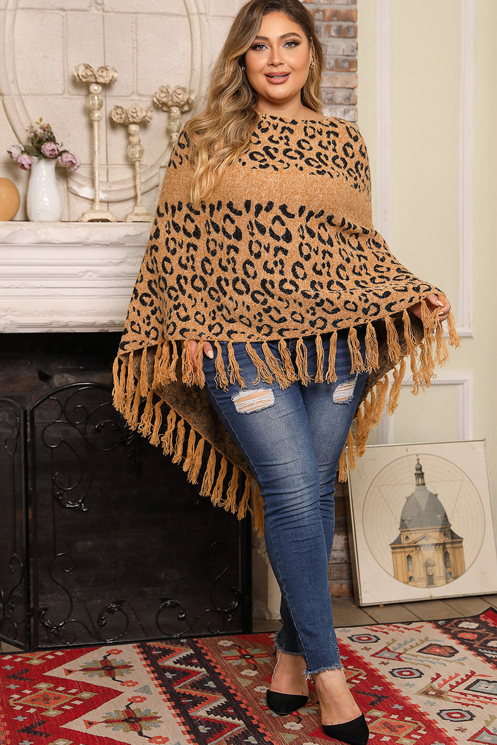 Leopard Plus Size Tasseled Hem Draped Poncho