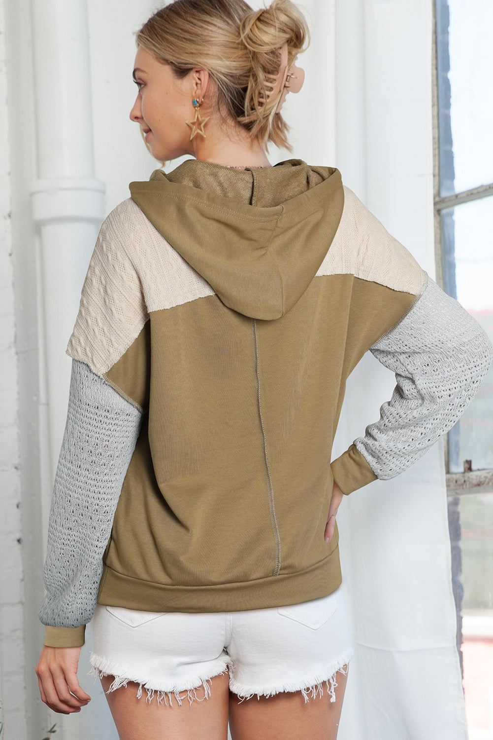 Brown Colorblock Patchwork Pullover Hoodie