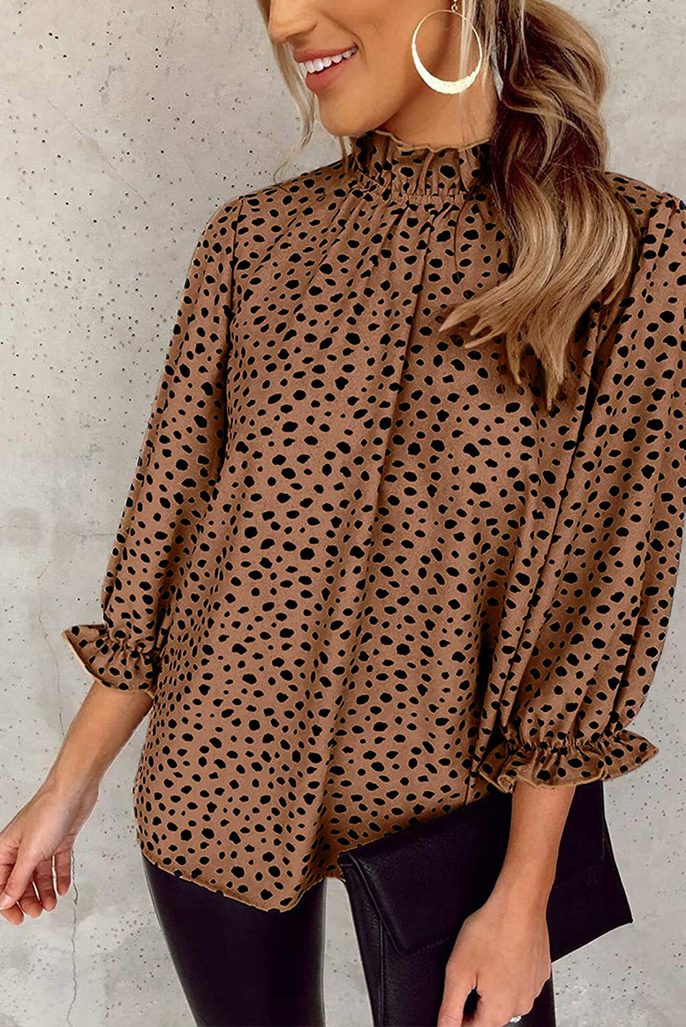 Brown Frilled Neck 3/4 Sleeves Cheetah Blouse