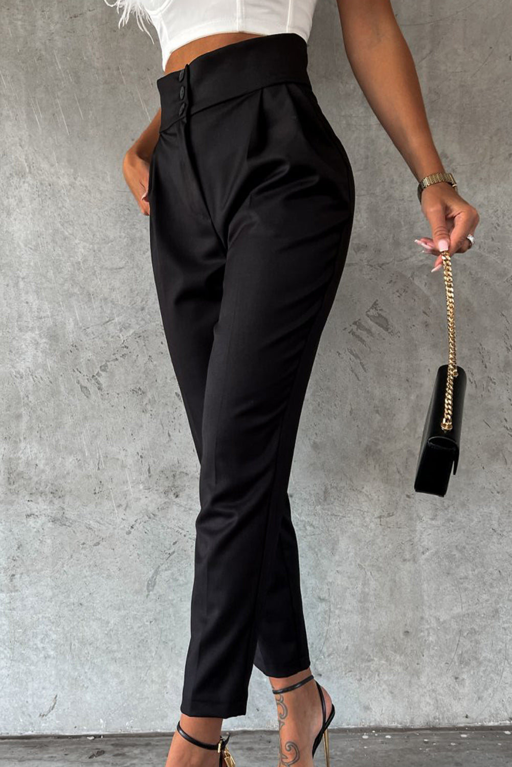 Black Button High Waist Tapered Pants