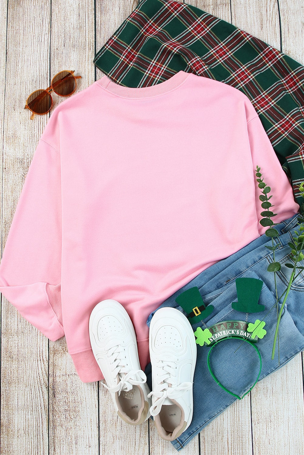 Pink Plain Crew Neck Pullover Sweatshirt