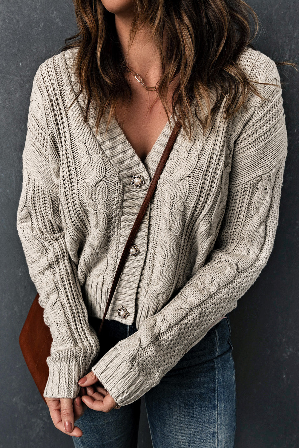 Apricot  Buttons Weave Knit Cardigan